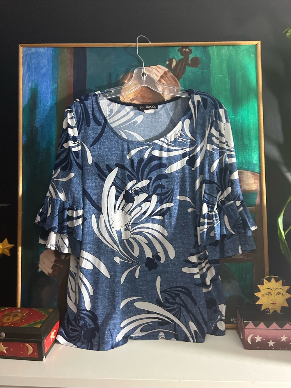 Vin Rouge Blue White Floral Print 3/4 Sleeve Tunic Top